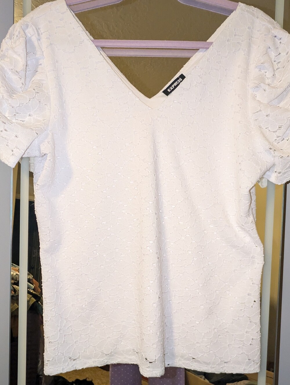 Express White Lace V-Neck Puff Sleeve Blouse